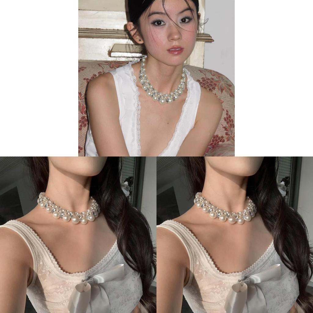 French Pearl Necklace Geometric Design Handcrafted Org Glass Pendant For Women