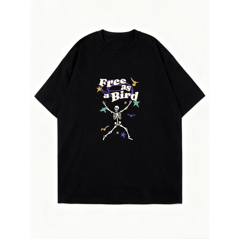 Oversized T Shirt Dress Black Free As A Bird Skeleton And Stars Print Casual Streetwear For Women
