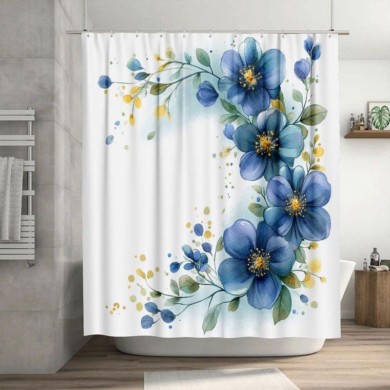 1pc Elegant Watercolor Blue & Green Floral Shower Curtain, Durable Polyester, Easy Clean, with Hooks