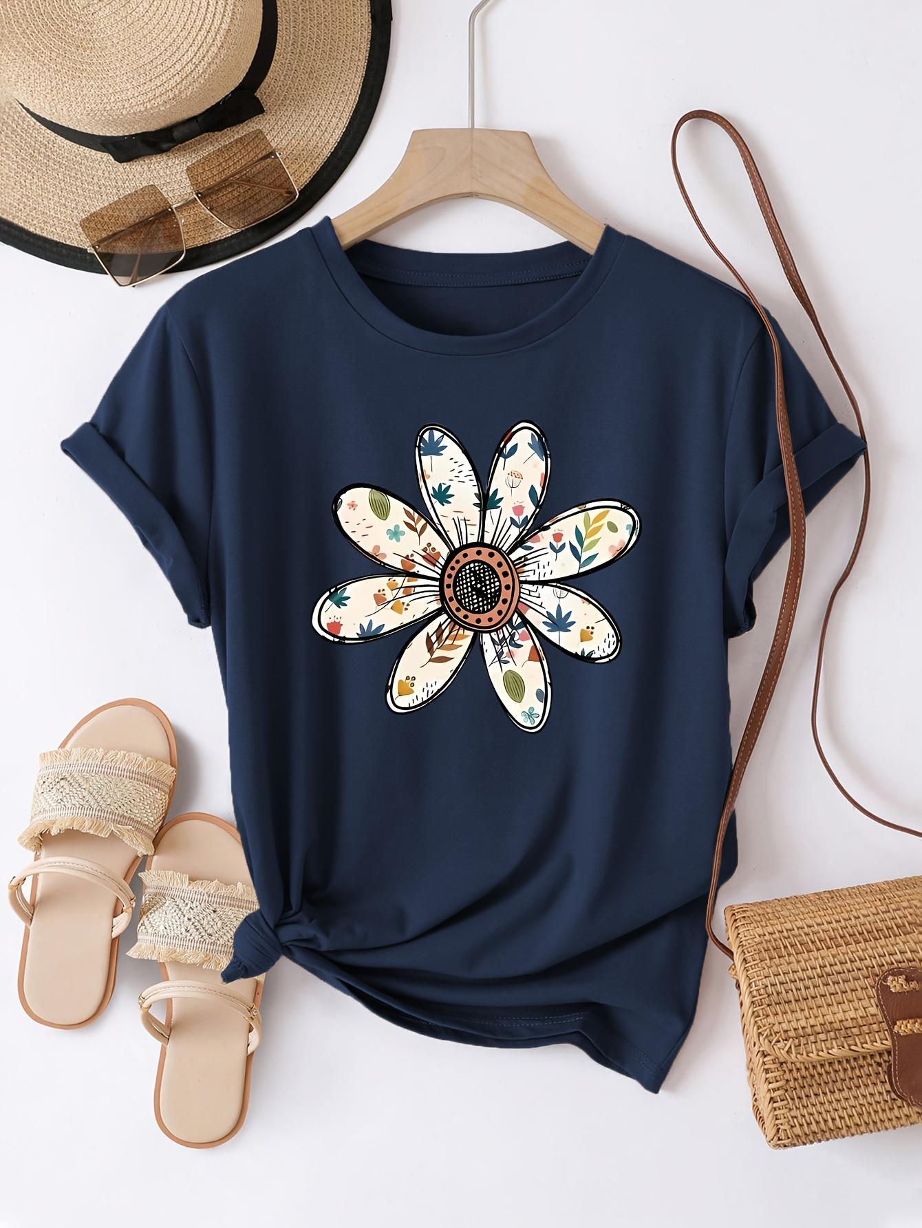 Boho Daisy Women s Tee - Floral Pattern Graphic, Casual Navy Blue Top S