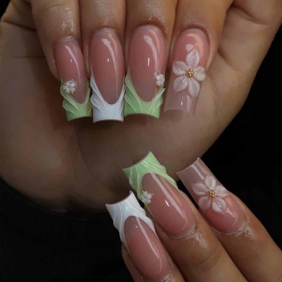 Nude Pink Gold Steel Ball French Manicure 3D Flower Press-on Nails