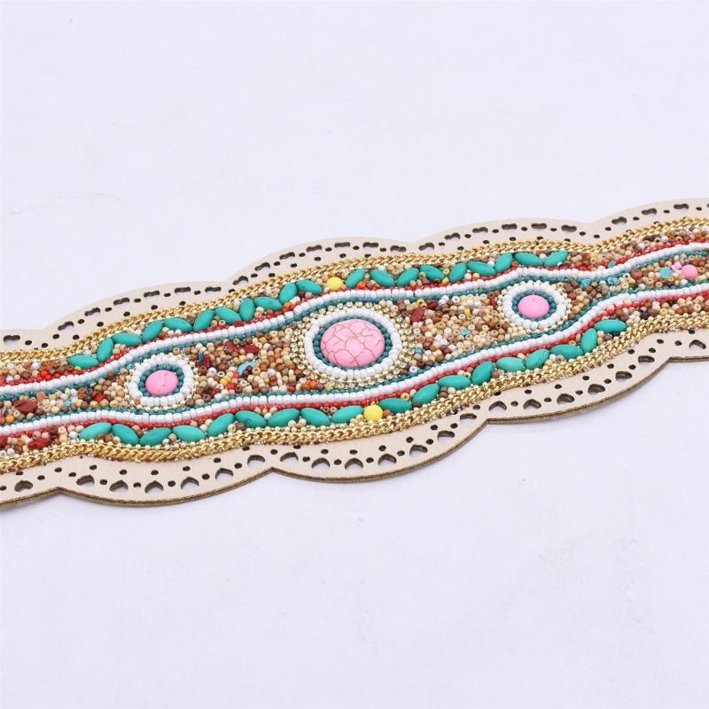 Bohemian Stretch Waist Belt Waistband with Ethnic Beads Accent Adjustable Wide Cinching Band for Dresses and Skirts