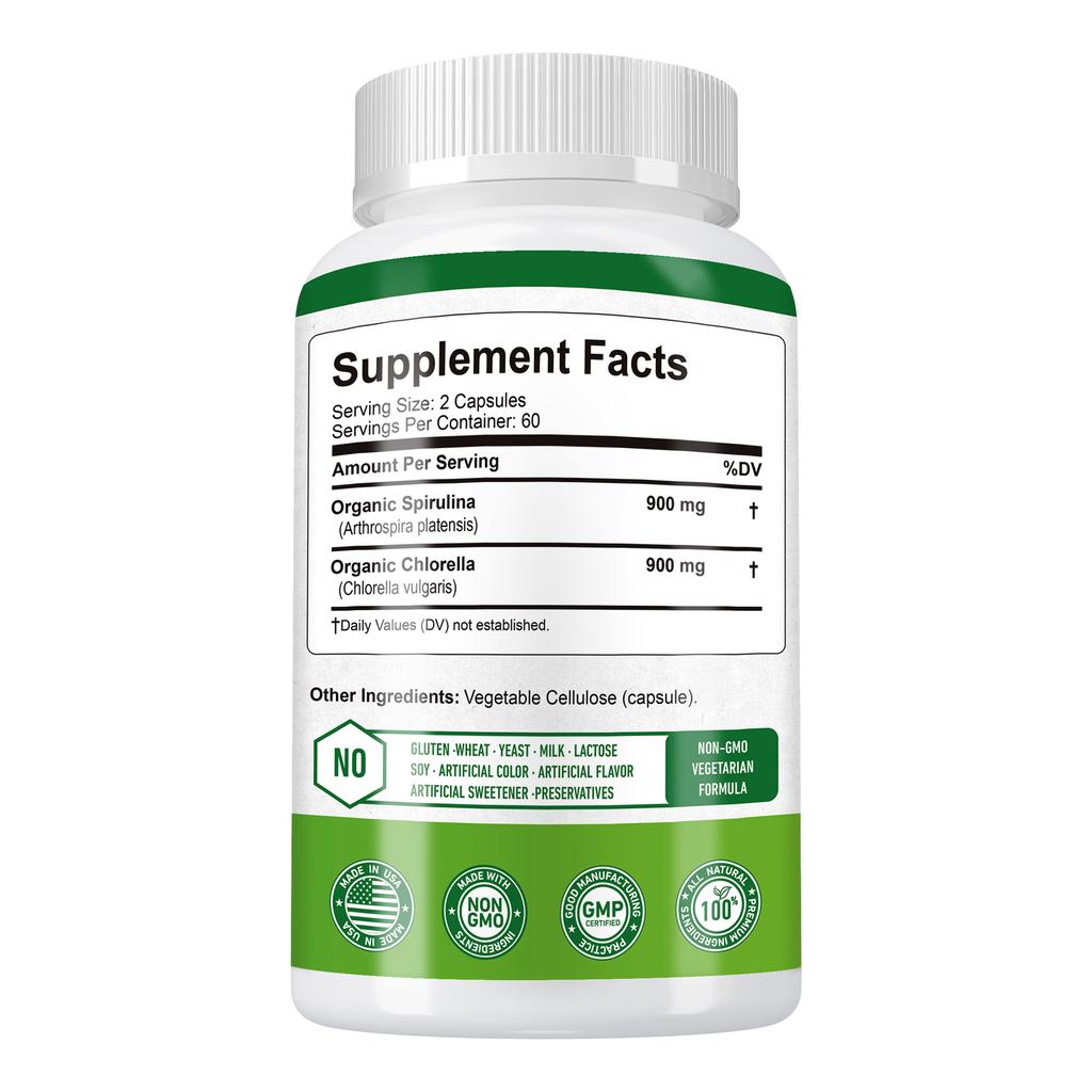 XEMENRY Spirulina Chlorella 1800mg 120 Capsules — Green Superfood, Nutritional Support, Daily Wellness