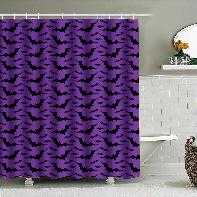 Purple Halloween Shower Curtain With Black Bats Pattern Waterproof Bathroom Decor For Kids Room Party Decoration Size 72X84 Inch