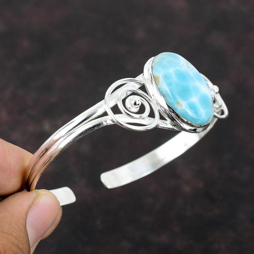 Larimar Cuff Bracelet 925 Sterling Silver Bangle Gemstone Jewelry Adjustable Bangle Handmade Cuff Bracelet Gift For Mother Elegant Jewelry