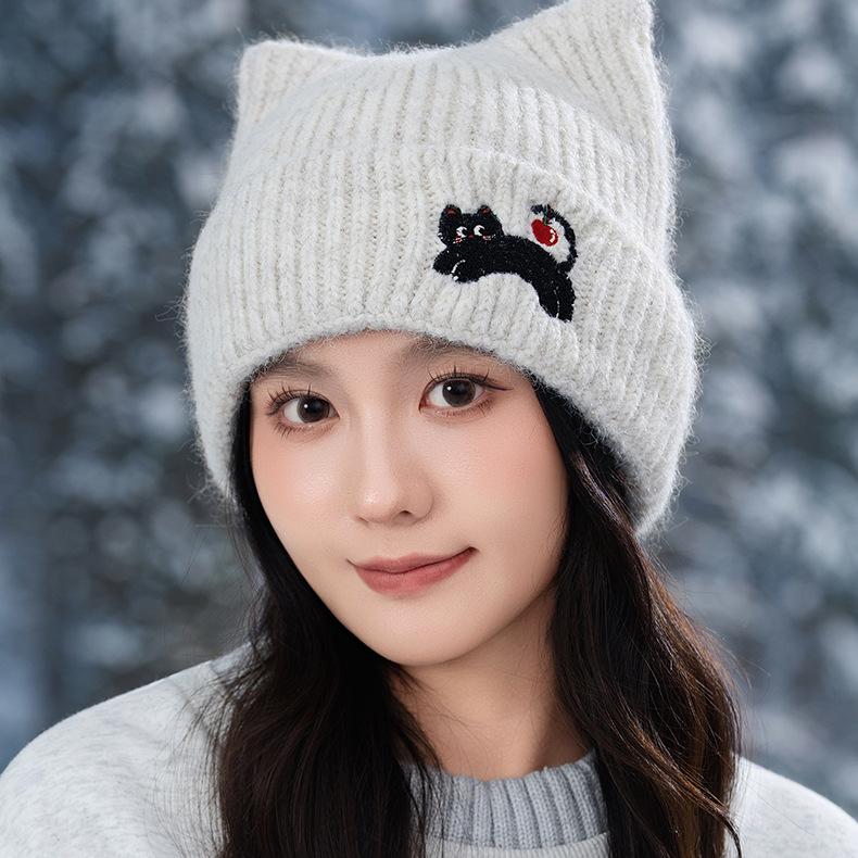 Autumn and Winter Hat Women's Wool Knitted Hat Cute Cat Ear Warm Cold Hat