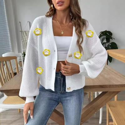 Women's Autumn and Winter Crocheted Floral Patchwork Short Button Cardigan Sweater