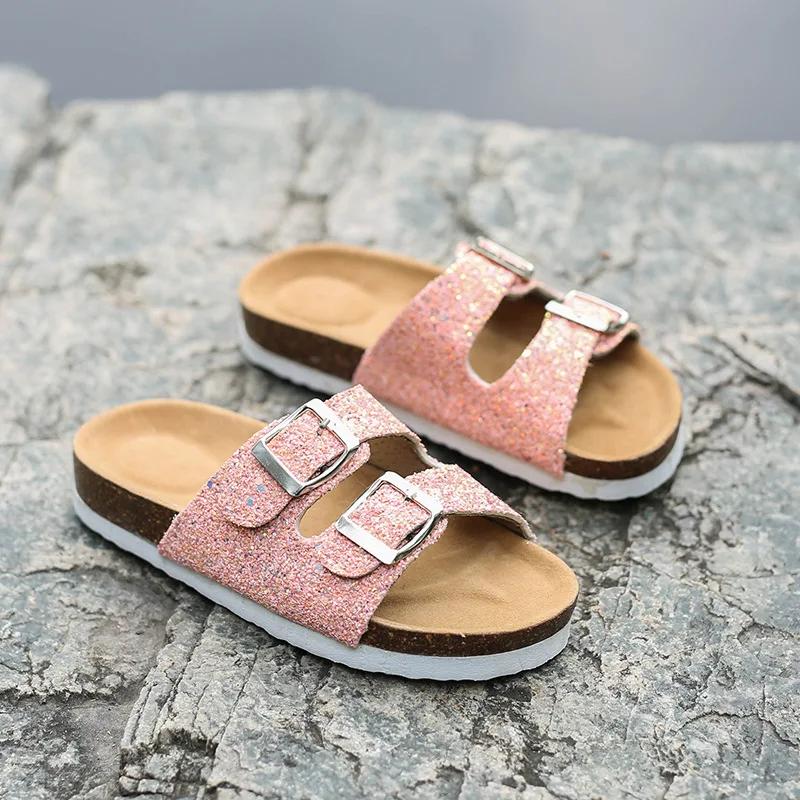 2024 New Summer Trend Sequins Parent-child Children's Slippers Women's Double Buckle Flip Flops Cork Slippers Women's Sandals