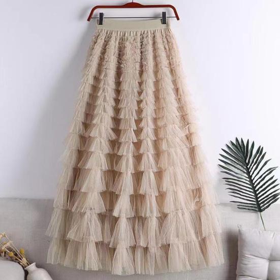 Cake Skirt Elastic High Waist A-Line Skirt Pure Color Multi Layer Ruffle Trim Mesh Hem Midi Skirt Work Leisure Wear