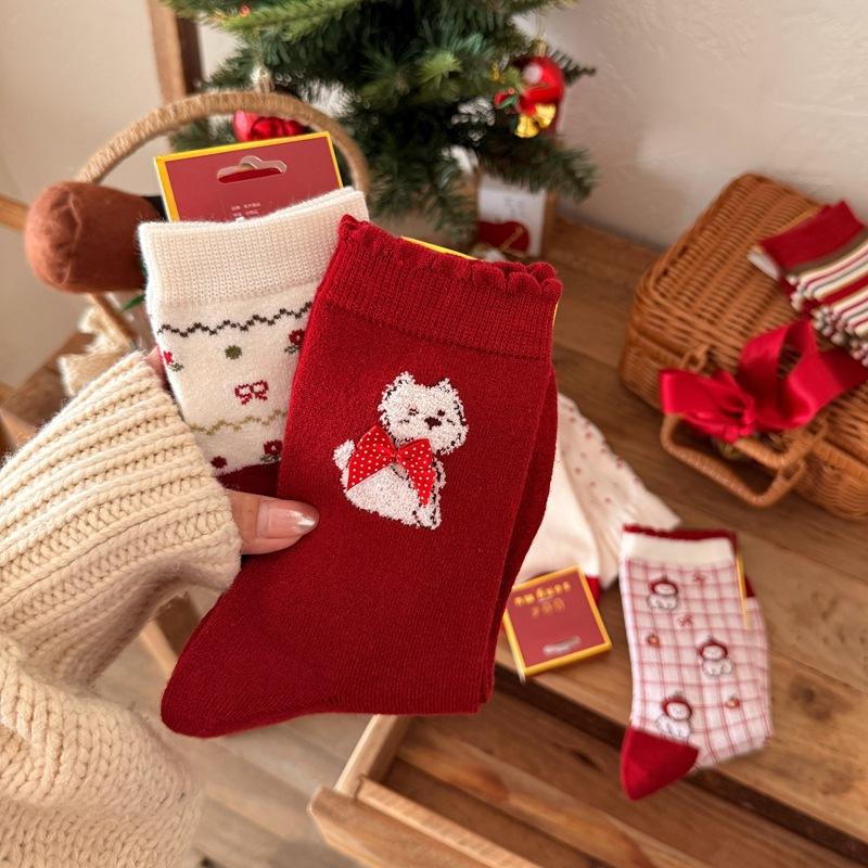 Lucky Little Dog Socks, Silk and Wool, Red Socks for Girls, Warm In Autumn and Winter, New Year, Pile Up Socks for Girls