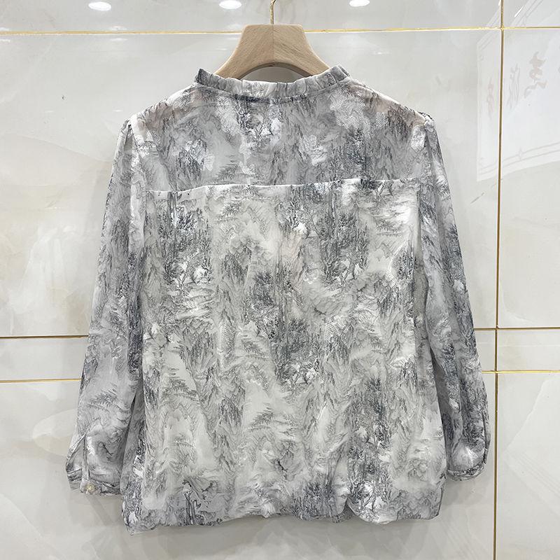 Spring Floral Chiffon Shirt Women Loose Fit Fashion Slimming Printed Lace Collar Blouse