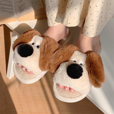 Fashion 2025 New Cute Cartoon Dog Fluffy Slippers For Women Men Faux Fur Warm Shoes Open Toe Anti-slip Couples Indoor Home Floor Slides
