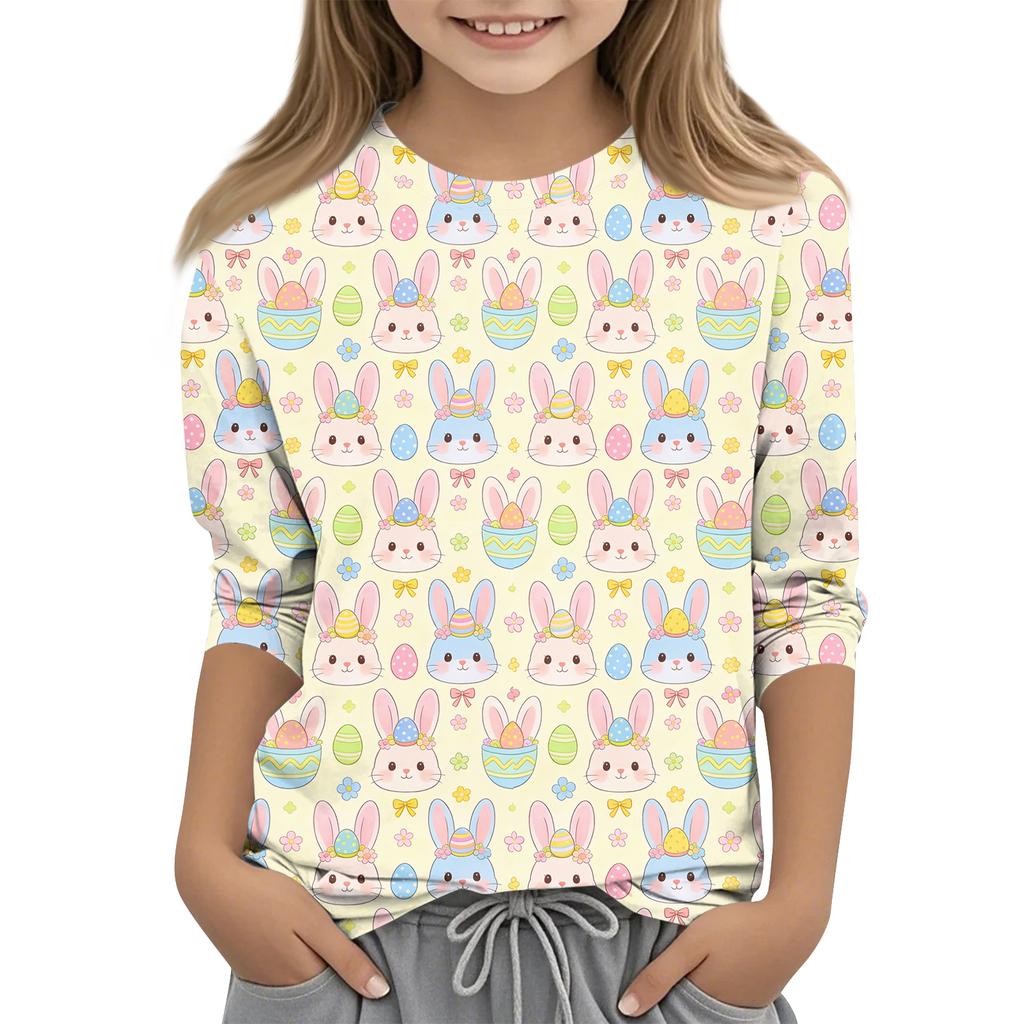 Haut décontracté pour enfants à manches sept-quarts, imprimé Pâques, col rond, imprimé