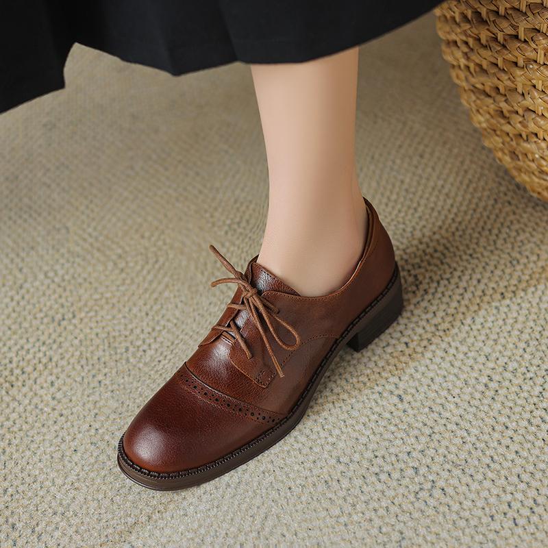 Fashion 2024 New Pumps Oxfords Spring Shoes for Woman Genuine Leather Brogues Vintage Lace Up Loafers Casual Handmade Black Ladies Shoes