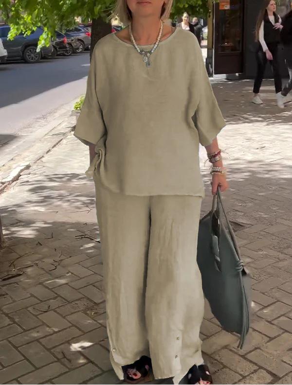 

2026 Women s Cotton Linen Fashion Set: Casual Seven-Sleeve Top and Wide-Leg Pants Two-Piece Set S хакі