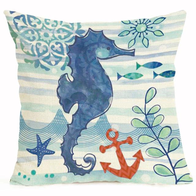 Marine Elements Ocean Animals Cotton Linen Cushion Covers Blue Sea Turtle Horse Home Decor Pillowcase Octopus Sofa Cushion Case