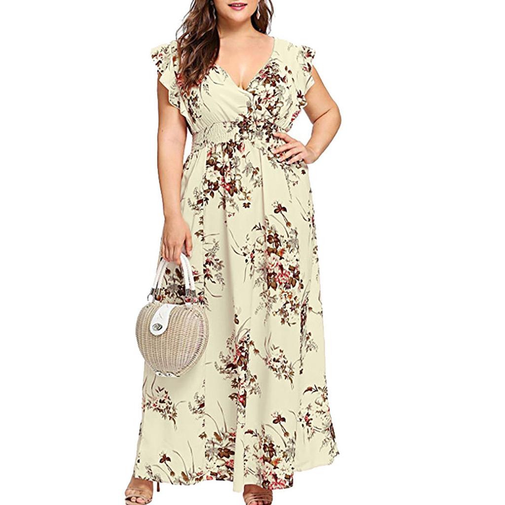 Women's Casual Floral Print V-Neck Ruffle Sleeveless Plus Size Dress Long