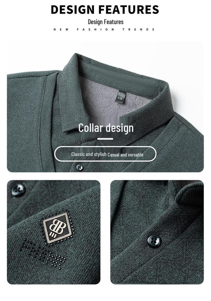 Men's Two-Piece Base Layer Long Sleeve Polo Shirt - Thickened Knit with Velvet, Wool Lapel, Casual Style for Middle-Aged.