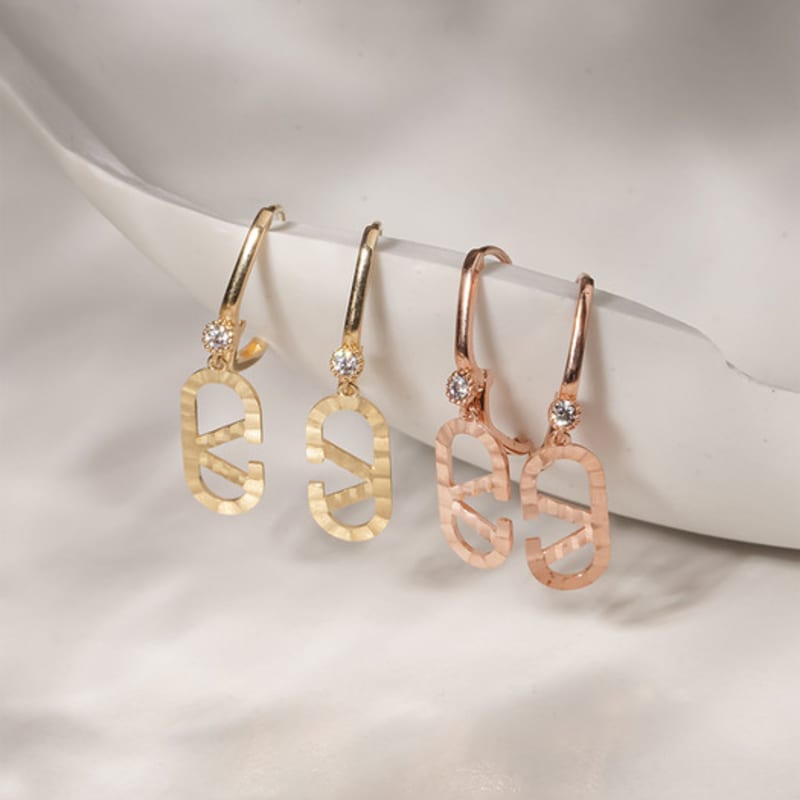 JEWNEL 14K V Cubic Oval One-Touch Ring Earrings