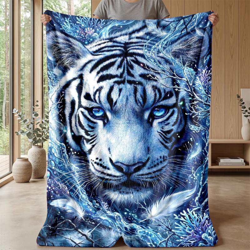 Blue Tiger Fantasy Blanket Personalized Name Flannel Blanket Soft Cozy Plush Throw for Sofa Bed Lightweight Home Decor