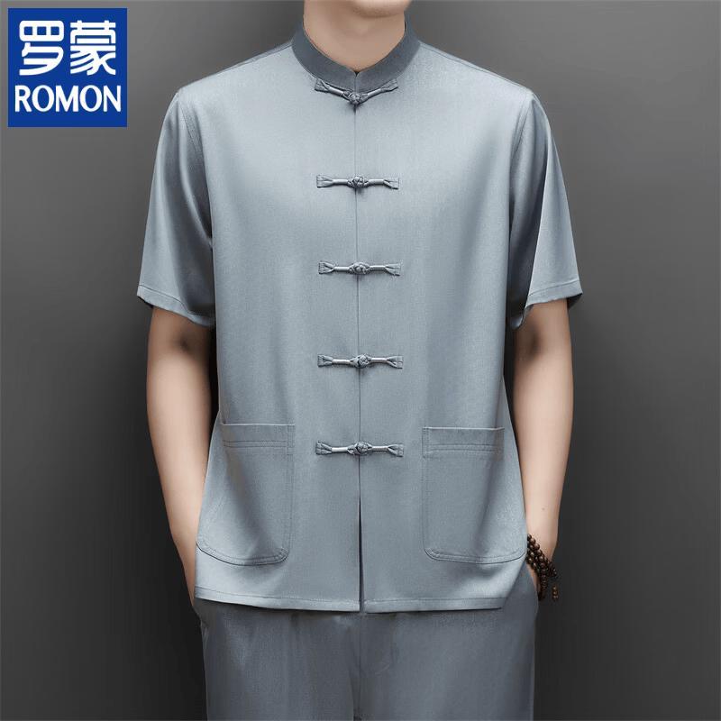 

ROMON Men s New Chinese Style Tang Suit Short-Sleeved Shirt Set 40/XL