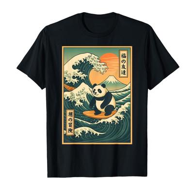 Great Wave Panda Surfing Meme Japanese Art T-shirt For Men Women 100% Cotton T Shirts Short Sleeve Tops 1027-2