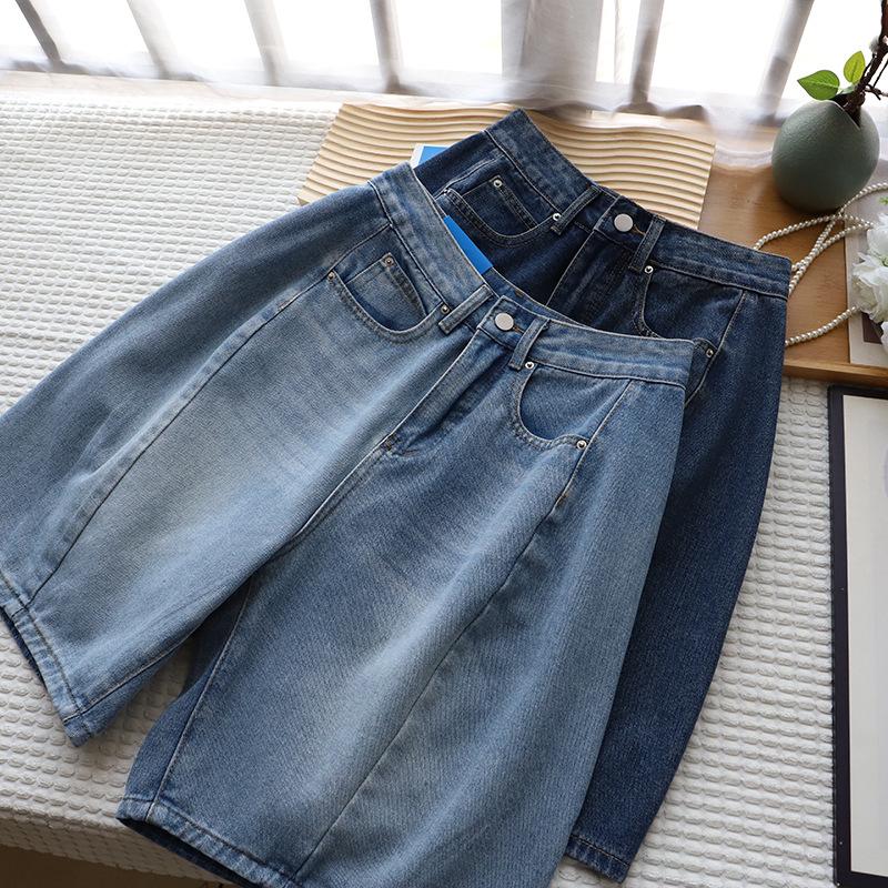 

[Bi Zheng] 2025 Summer Korean Retro Mid-Length Denim Shorts for Women, Plus Size 3813 M