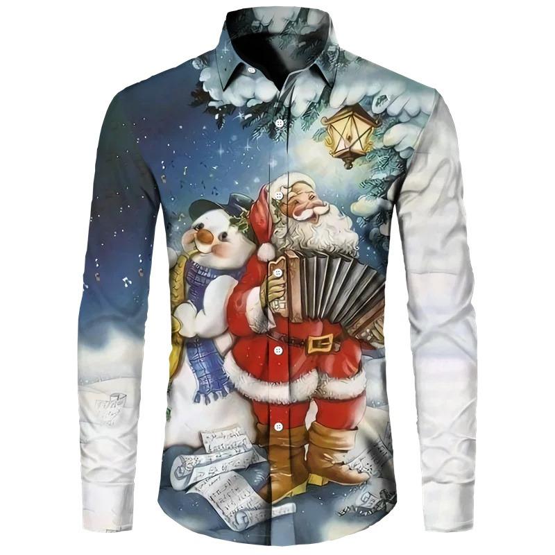 2026 Christmas Long Sleeve Shirt Lapel Men's Button Up Shirt Autumn Christmas Snowman 3D Printed Men's Casual Party Holiday Top
