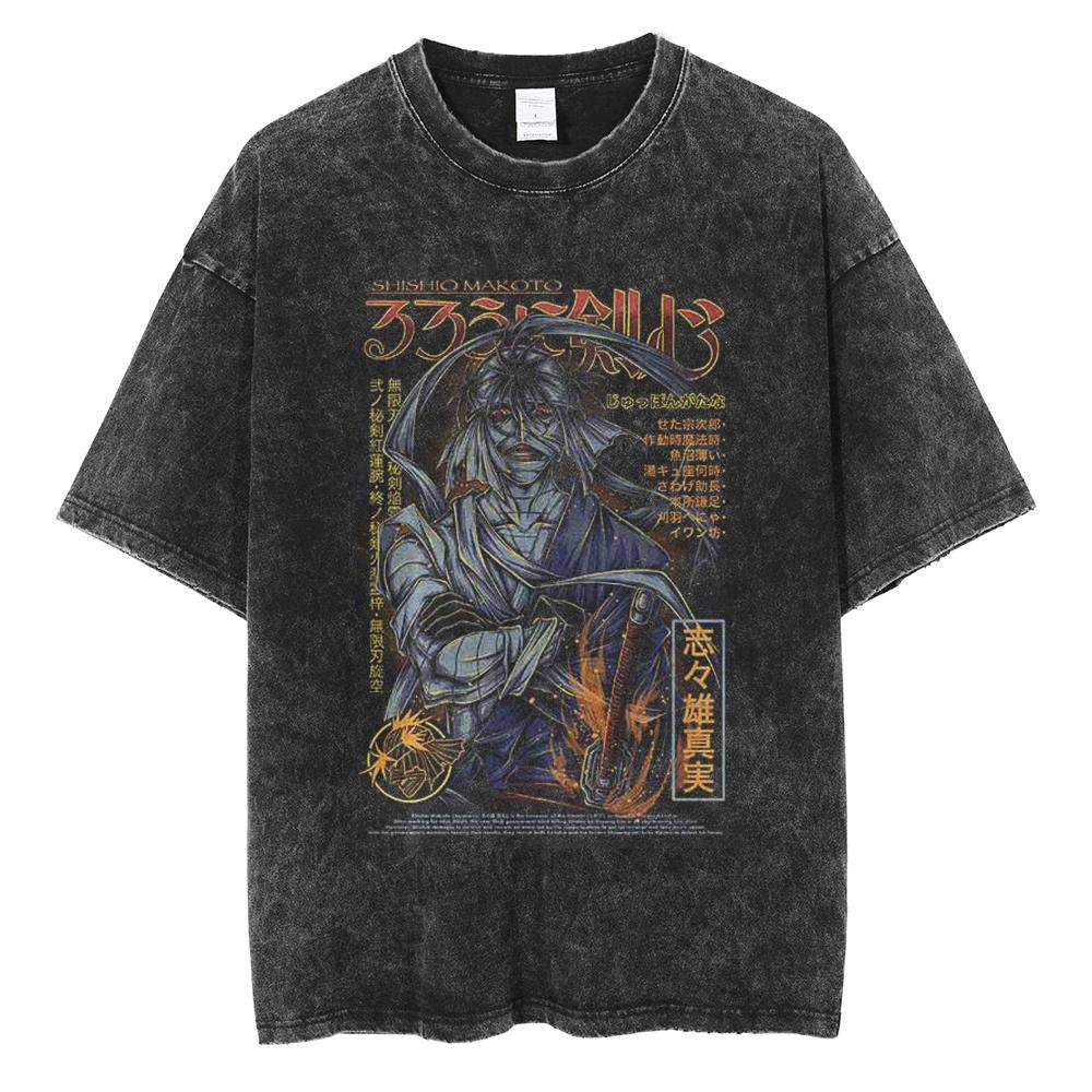 Harajuku Anime Rurouni Kenshin Himura Kenshin Print Tshirt Men Manga Oversized Tshirts Washed Cotton Tee Male Casual T Shirt