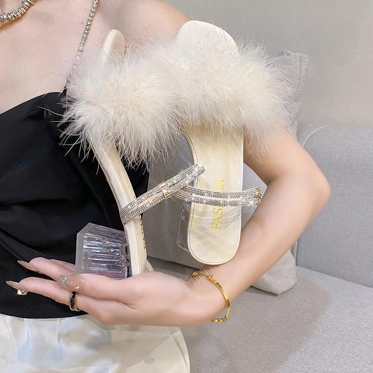 Summer New Sexy Feather-Decorated Pointed-Toe High-Heeled Women's Shoes, Simple Slippers, Fashionable Banquet Open-Toe Mules
