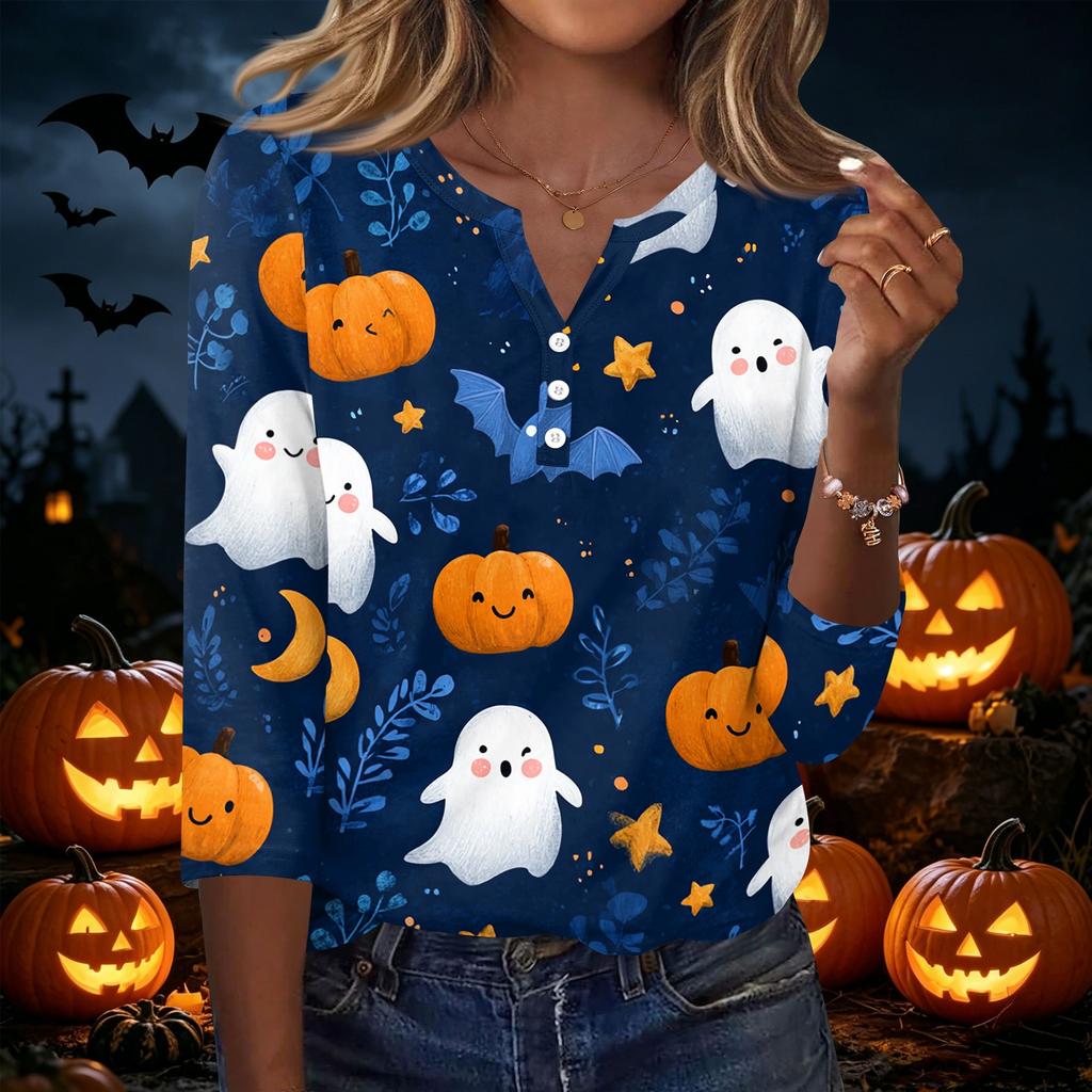 Women's Casual Halloween Print V Neck Button Front Three Quarter Sleeve T Shirt Top Lightweight Soft Fabric Comfortable Fit