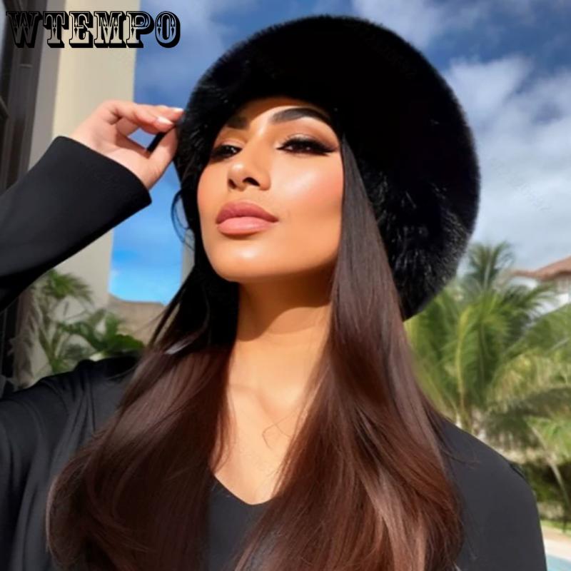 WTEMPO Women's Autumn Winter Soft Plush Hats Windproof Cold-proof Thick Warm Bucket Hats Ear-protecting Flat-topped Hats Outdoor Shopping Hats