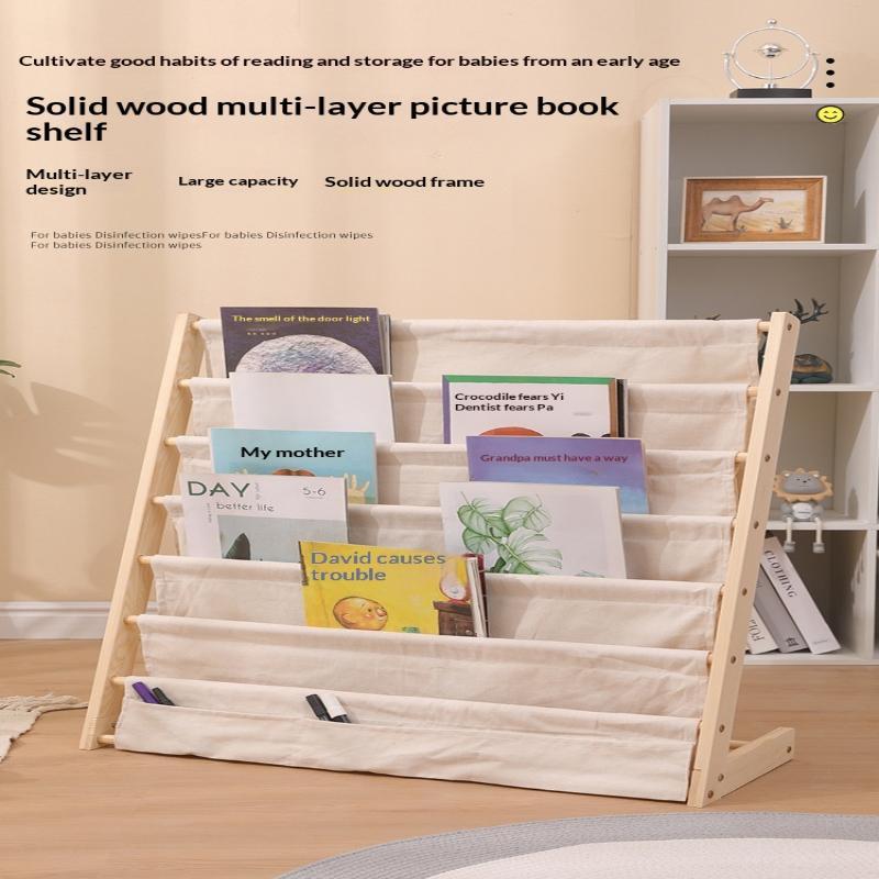 Solid Wood Kids Sling Bookshelf With Canvas Pockets And Large Capacity Perfect For Nursery Playroom Bedroom