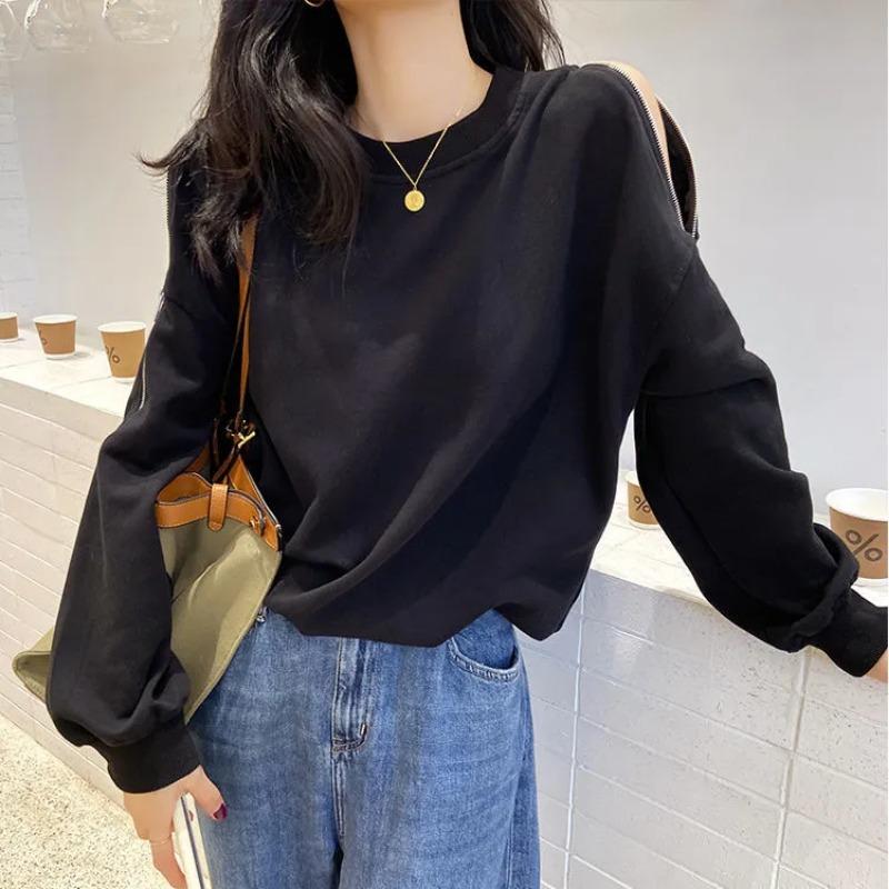

Zipper Sweatshirt Women s Trendy Autumn Loose Korean Style New Versatile Solid Color Top Off-shoulder Fashionable Long Sleeves M чёрный