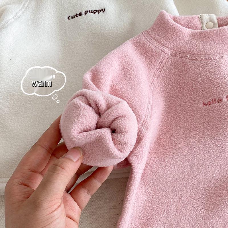 2025 Winter Kids' Fleece Base Layer: Girls' Half-High Neck, Boys' Embroidered Cartoon Top