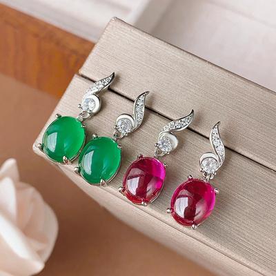 Jewelry Copper Bottom Gold-Plated Ice Seed Fluorescence Simulation Red Corundum Chalcedony Earrings 8 * 10