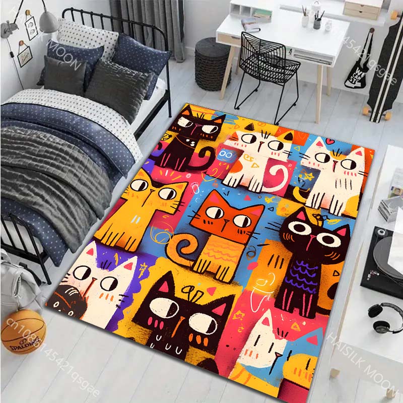 1PC Colorful Cartoon Cat Collage Art Carpet for Living Room Bedroom Sofa Home Decor Non-slip Floor Mat Modern Carpet Large Size