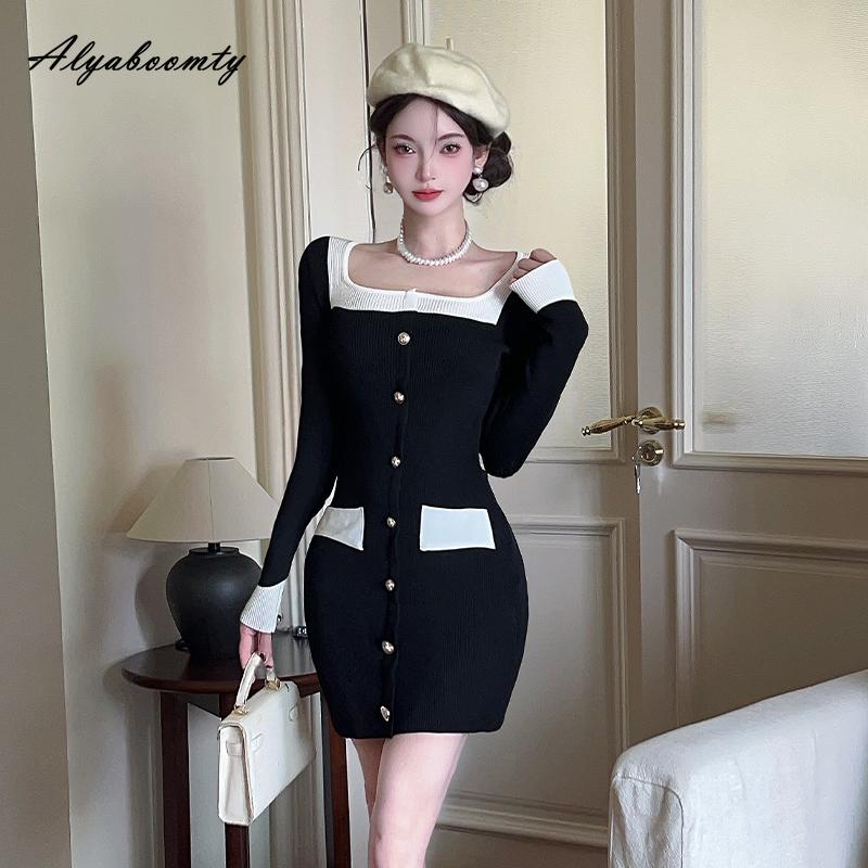 

Корейская мода Офисная леди Женское короткое вязаное платье Квадратный вырез Контрастный цвет Вязаное облегающее платье Женственное Элегантное Мини платье-свитер One Size