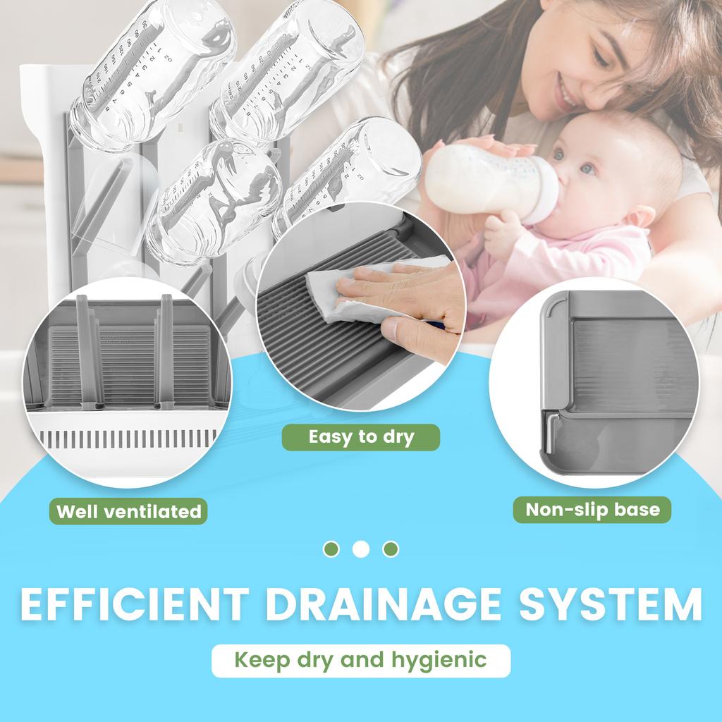 Plastic baby bottle vertical drying rack with large capacity design and efficient drainage chassis design baby bottle drain rack