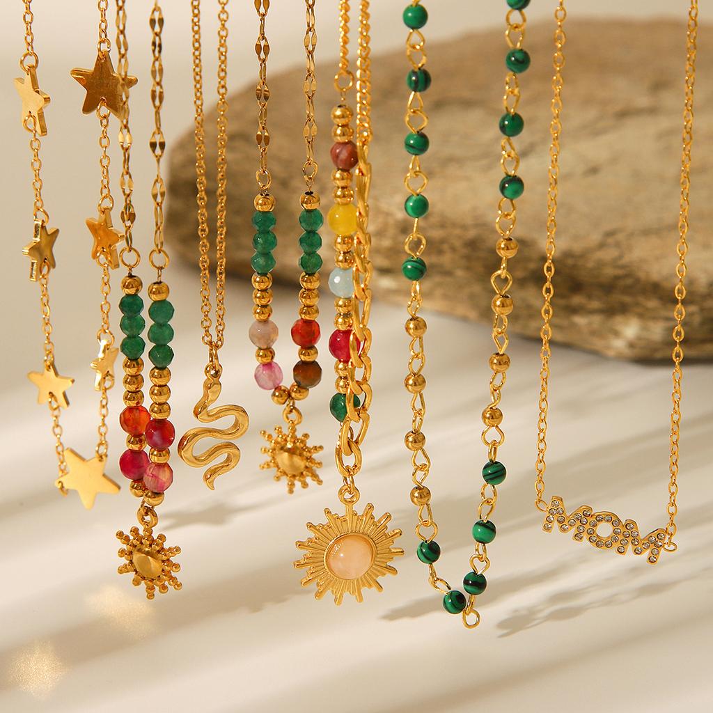 Natural Stone Beaded Titanium Steel Necklace with Sun and Star Pendant Women's Fashion Jewelry