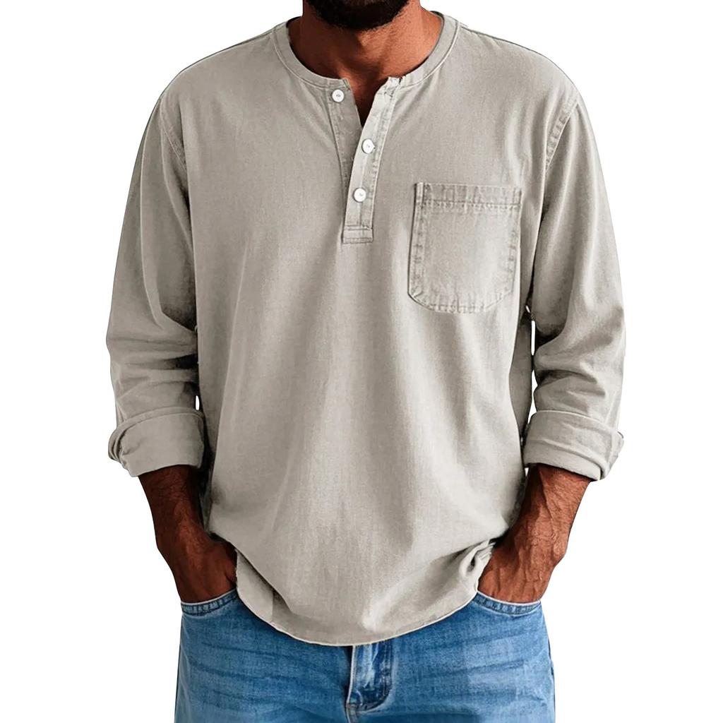 Men's Solid Color Distressed Button Collar Long Sleeve Tops Men's Casual Fashion Tops
