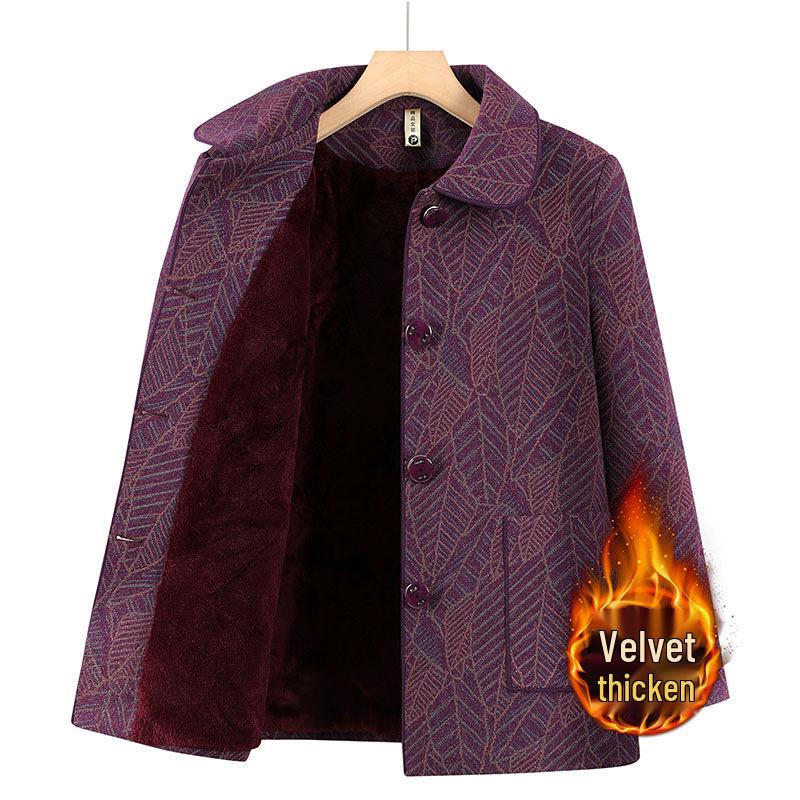 Women's Winter Velvet-Enhanced Lapel Jacket for Middle-Aged and Elderly: Grandma's Warm, Stylish Cotton Wear