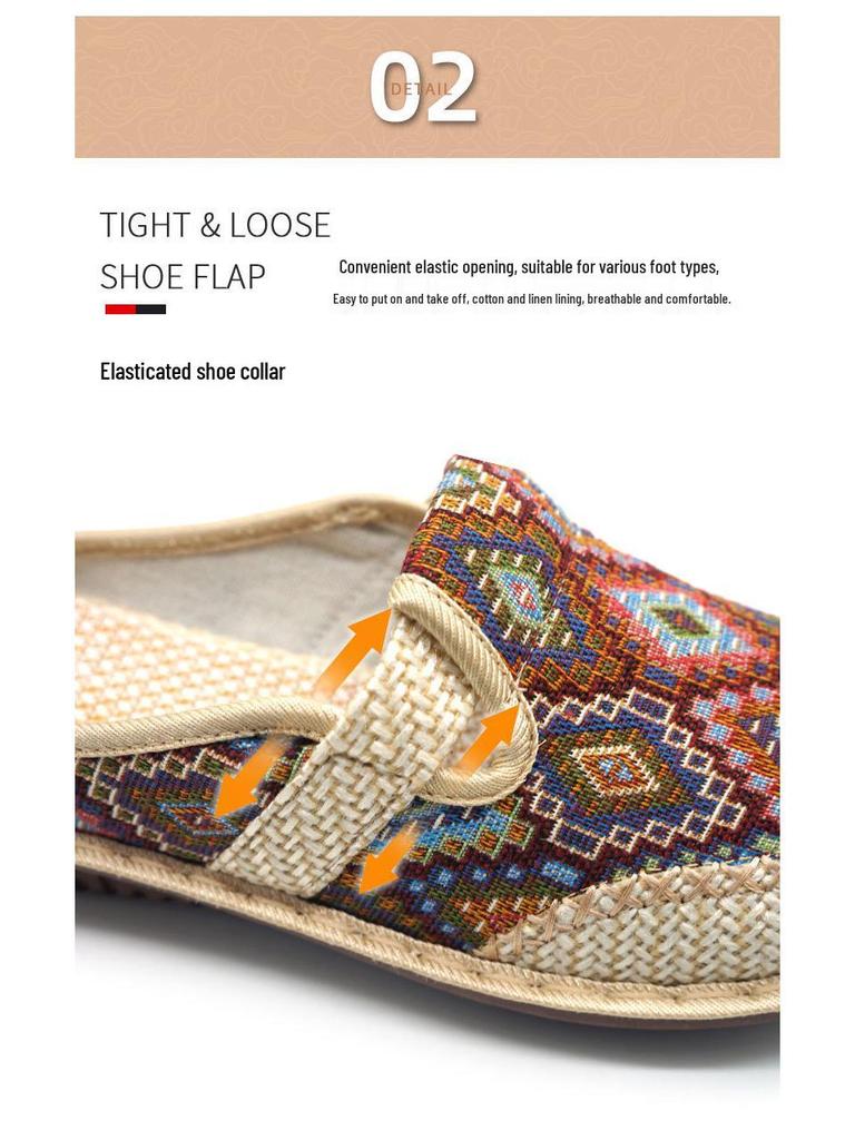 Women's Ethnic Flat Slippers - Summer Cotton Linen Embroidered Soft Sole Shoes