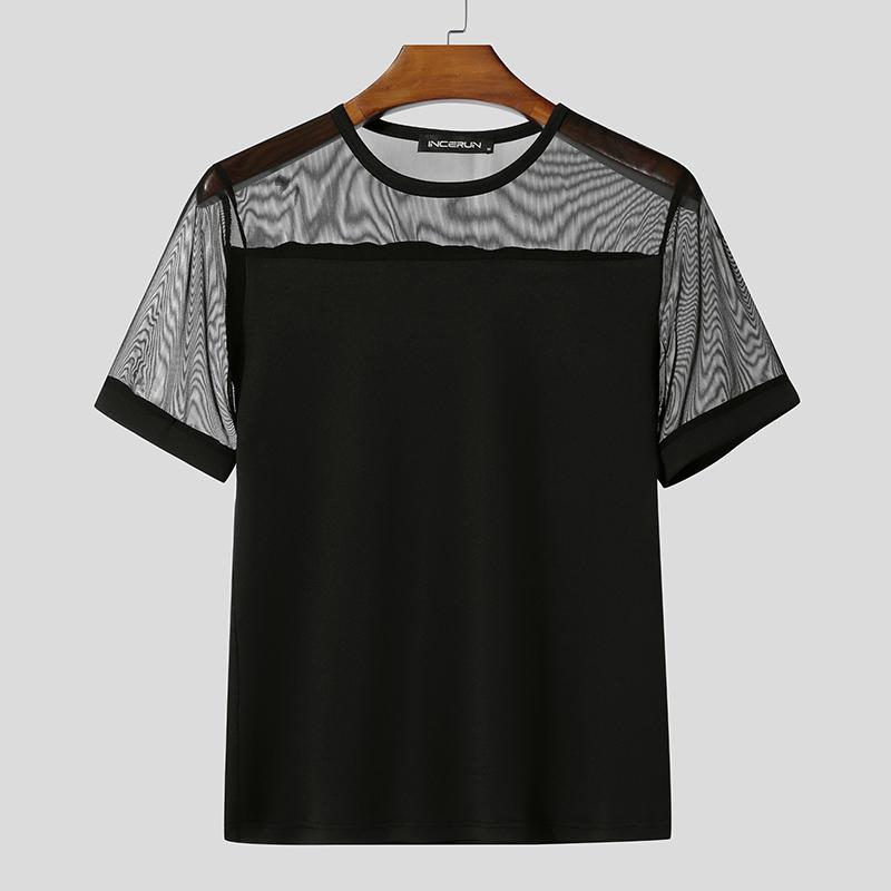 INCERUN Men Short Sleeve Mesh Sheer Patchwork Fitted T-shirts