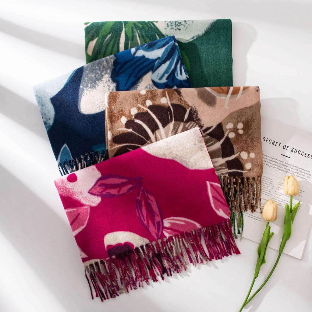 New Soft and Warm Cashmere Like European and American Printed Tassel Scarf High End Women's Scarf