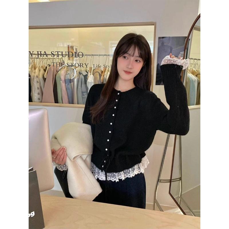 Korean Fashion Crew Neck Sweet Lace Waist Tuck-up Sweater Spring Autumn Knitted Cardigan Loose Slim Fit Top Elegant Casual Jackets Lace-up Clothing