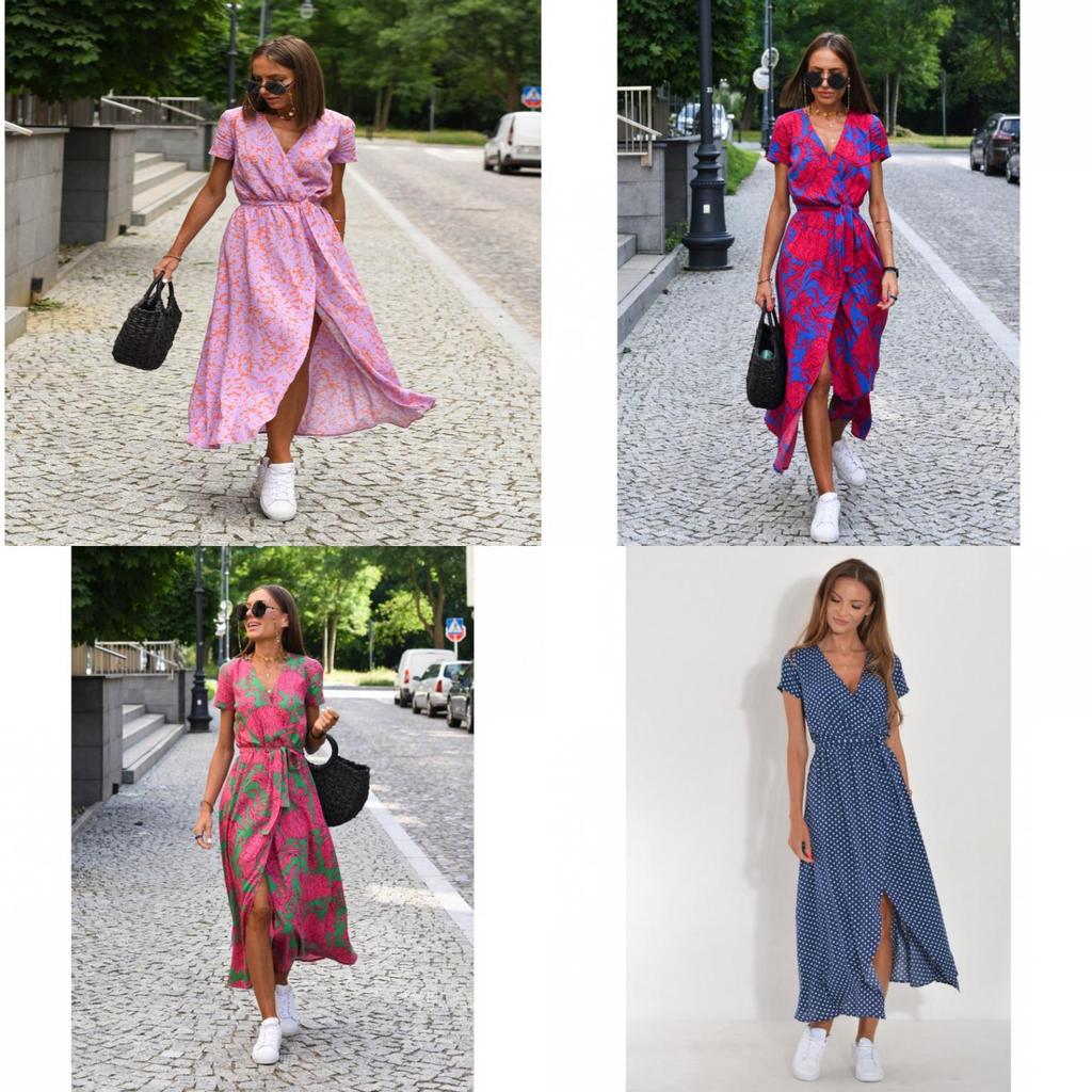 Euro Style Short Sleeve V Neck Printed Dress With High Waist For Summer Streetwear