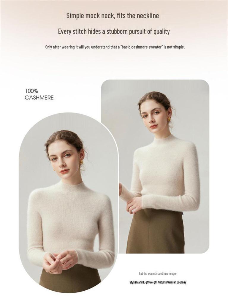 Pure Cashmere Ribbed Half-High Collar Knit Top