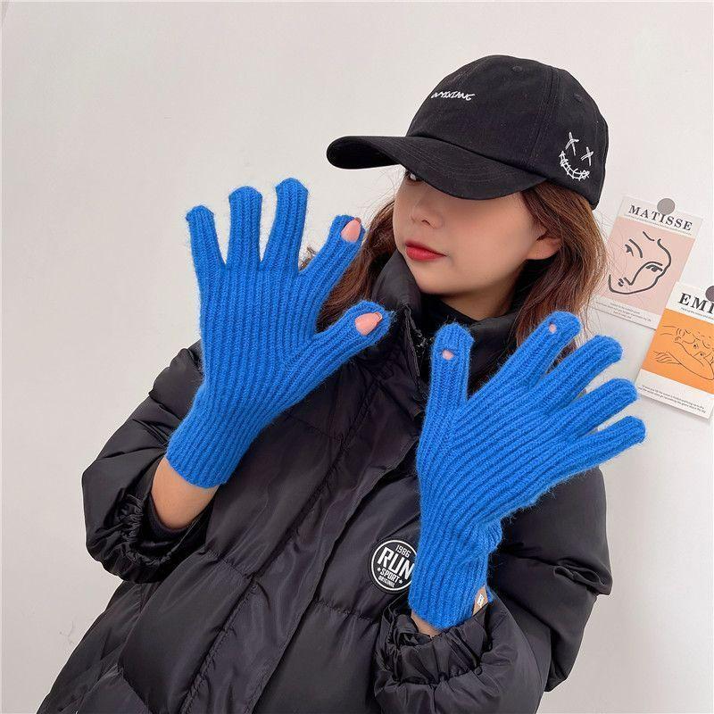 Knitted Candy Color Gloves with Fingers Exposed Fingers Touch Screen Imitating Hanharajuku Wind Protecting Wrists Autumn and Winter