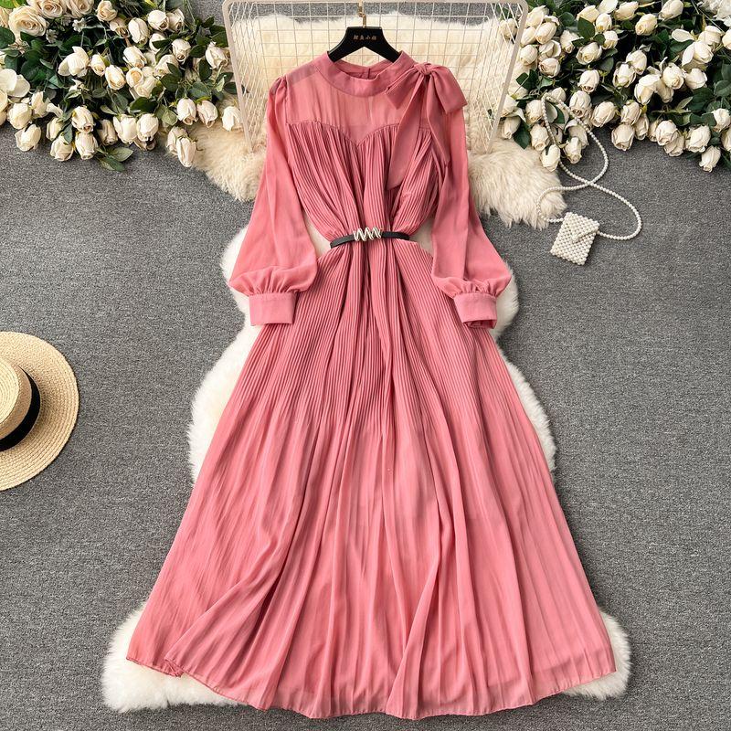 Early Spring Dress Women's 2024 New Arrival Sweet Bows Heavy-Duty Pleated Chiffon Dress Puff Sleeves Vacation Skirt